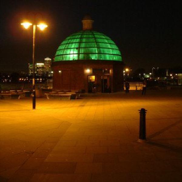 Greenwich Foot Tunnel entrance at night