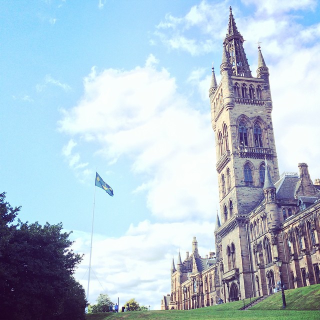 Drinking Irn Bru in the sun on the front lawn of the University of Glasgow