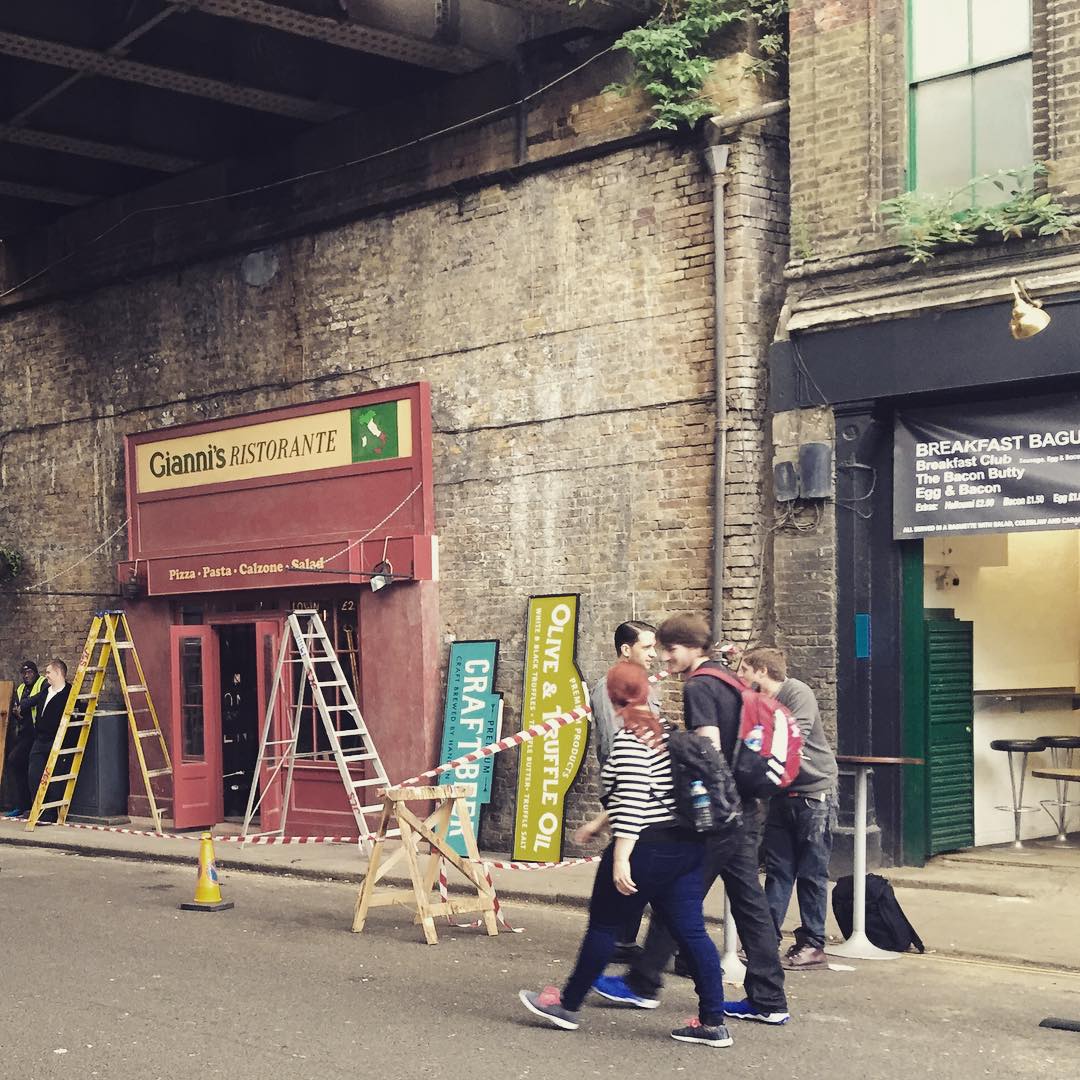 Fake shopfronts being set up in Borough Market apparently in preparation for Bridget Jones filming