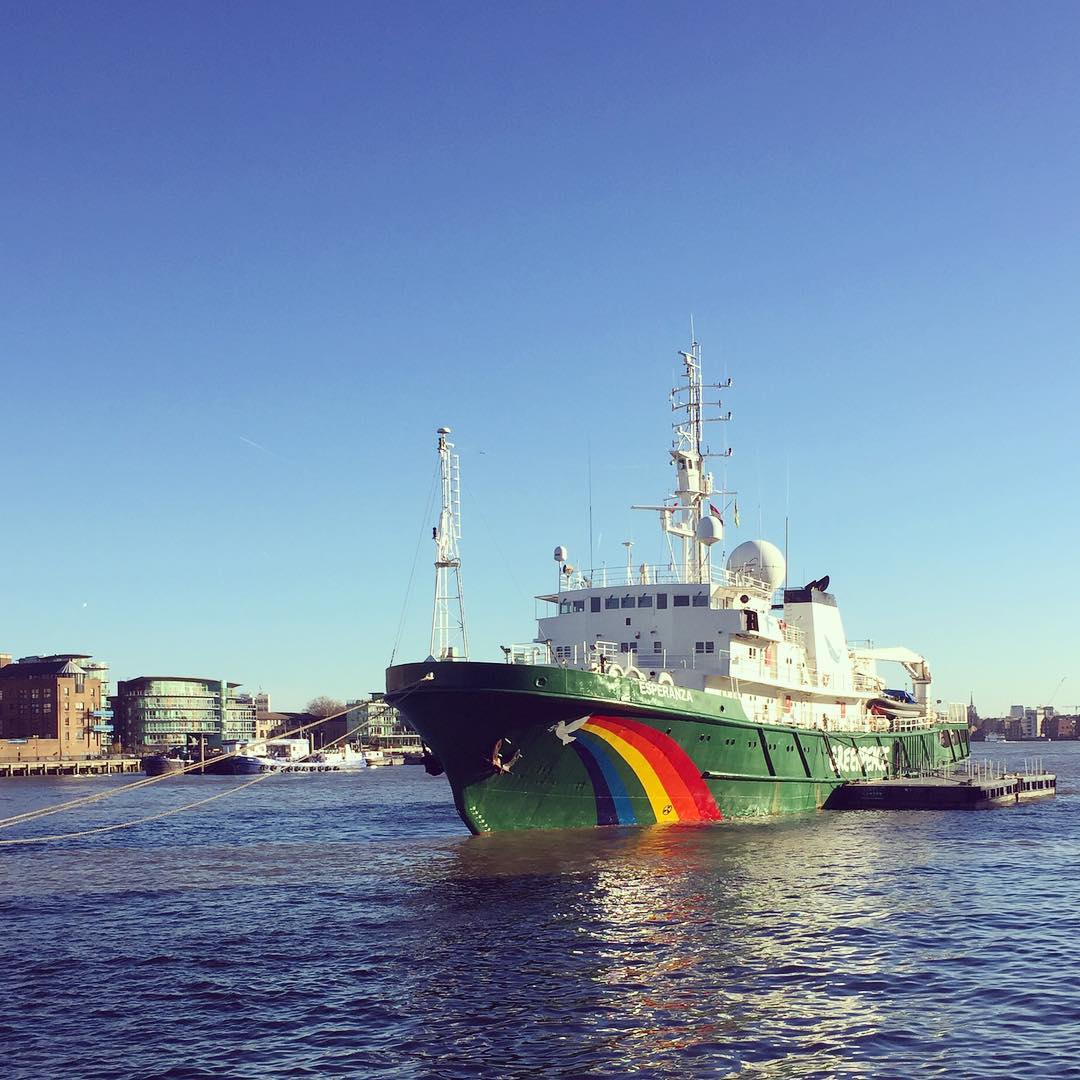 Greenpeace ship Esperanza moored by Tower Bridge