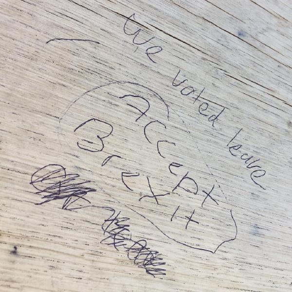 Brexit vandalism on a nice new bench at Great Eastern Railway Wharf