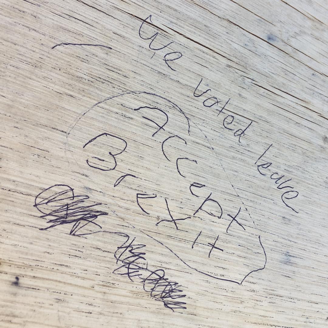 Brexit vandalism on a nice new bench at Great Eastern Railway Wharf