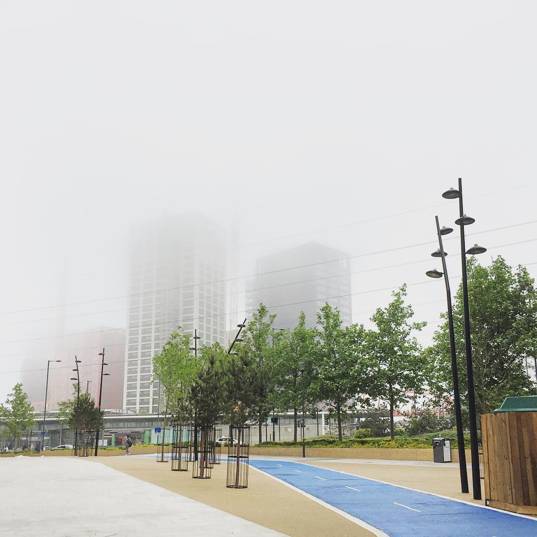 London City Island disappearing into the early morning mist